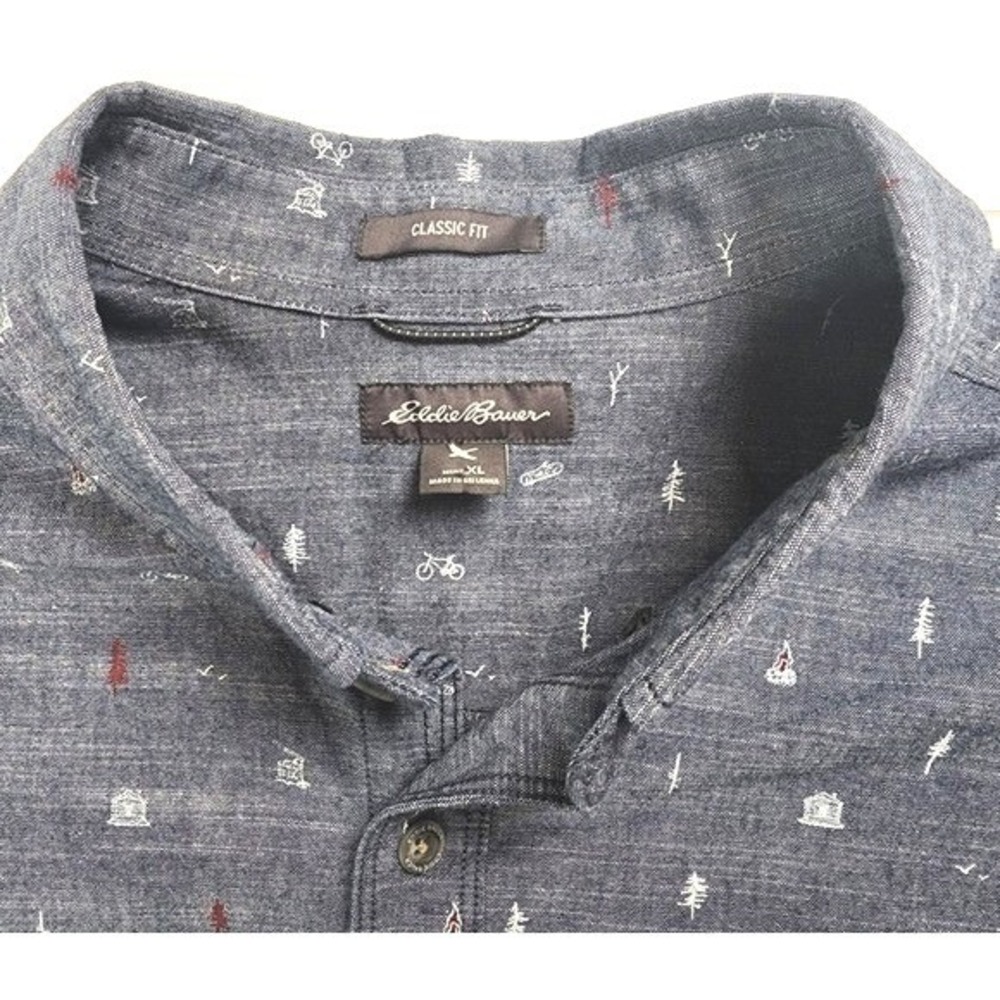 Eddie Bauer XL Classic Fit Button Down Shirt Blue Outdoor Print Casual Hiking